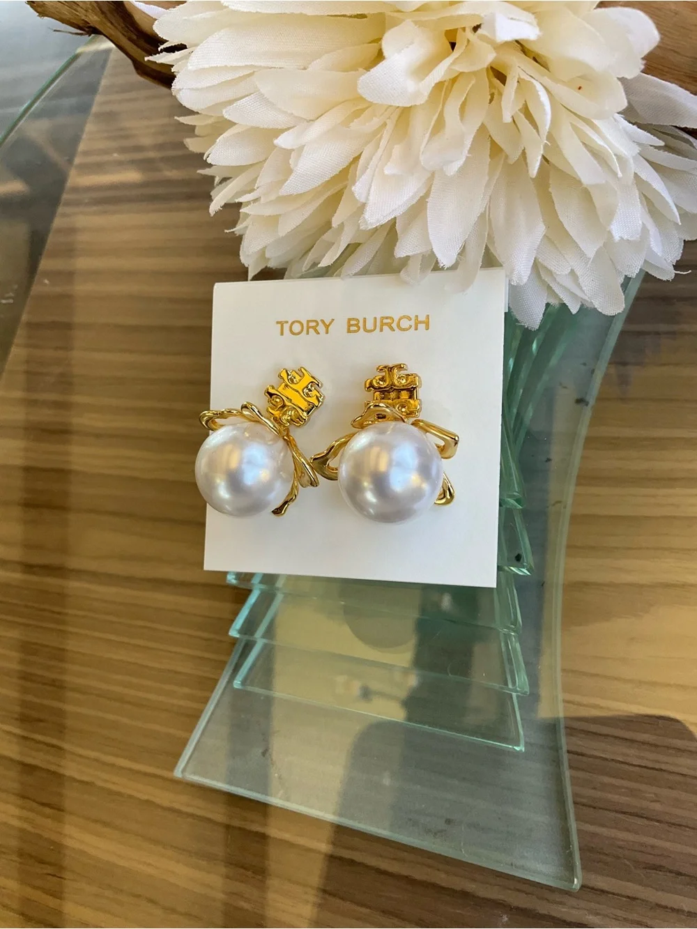 Tory Burch Gold Logo with White Pearl Drop Earrings